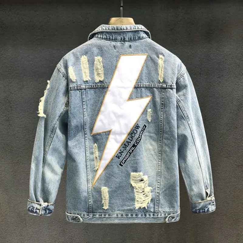 With Print Men's Denim Jacket Embroidery Hole Light Ripped Male Jean Coats Japanese Retro Cowgirl Washed Trendy New in Joker Y2k