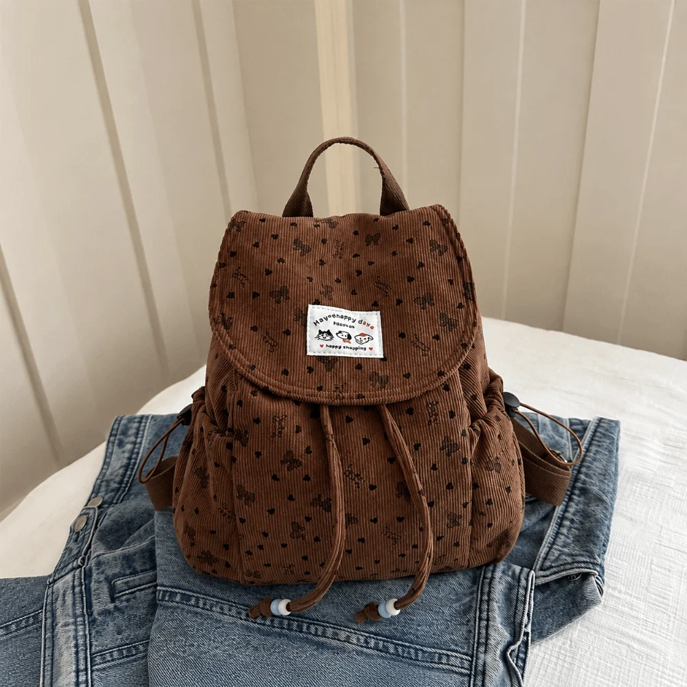 Stylish Lightweight Bow Print Corduroy Backpack Large Capacity Simple Design Drawstring Daypack Casual Versatile Bookbag School
