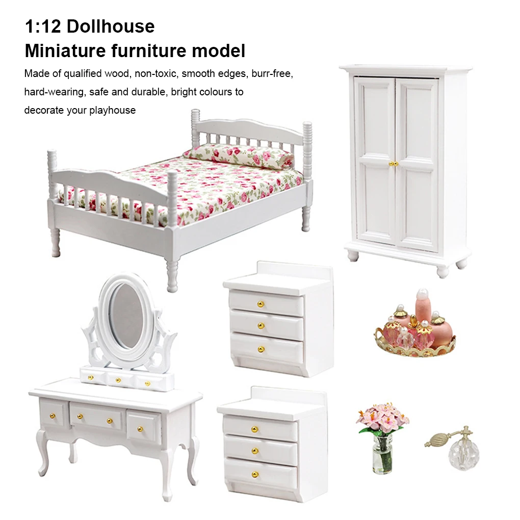 8 pièces/Kit modèle Miniature meubles bois poupée maison chambre 1:12 lit armoire Table jouer jouets Portable mignon accessoires
