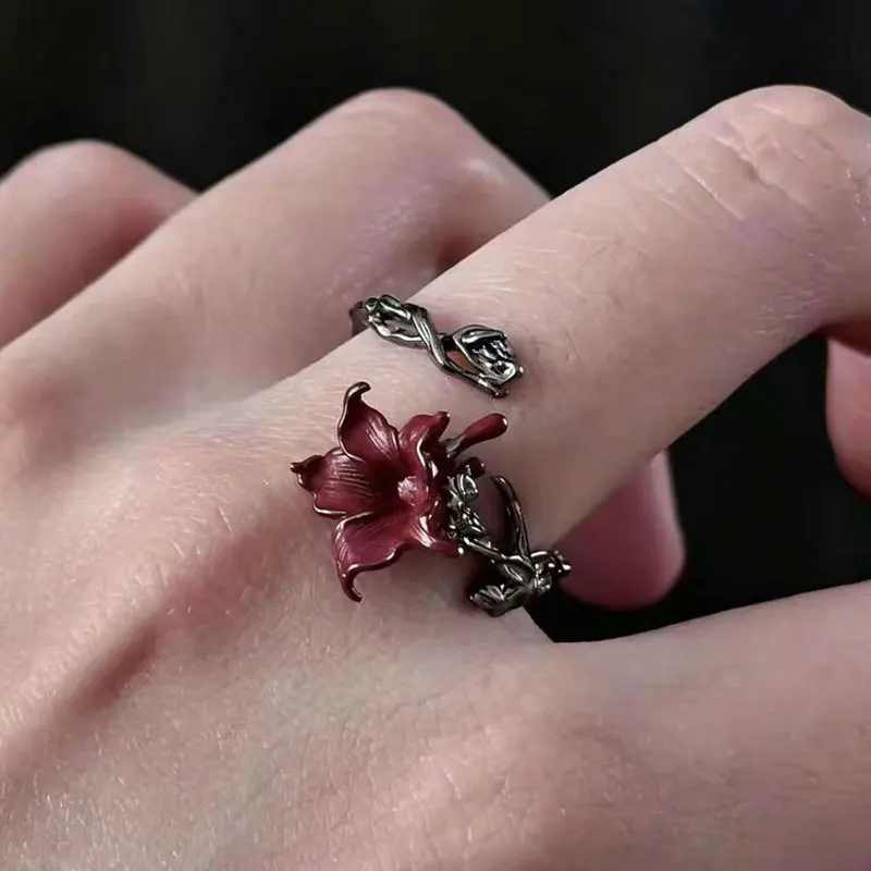 Mandala Flower Exquisite Black and Red Ring for Women Personality Metal Punk Party Finger Ring Fashion Jewelry Accessories Gifts