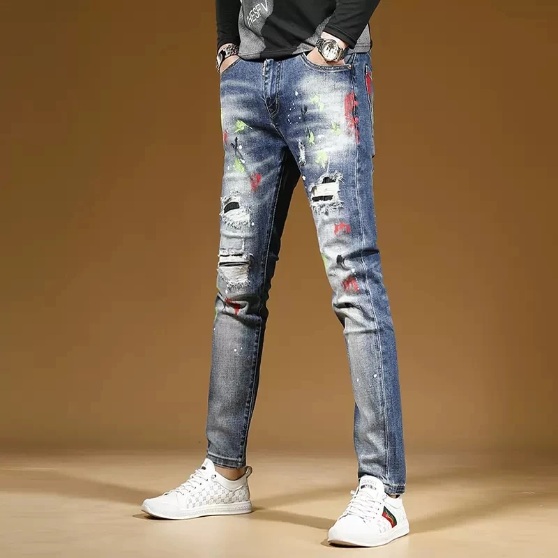 Graffiti Printed Ripped Blue Jeans Men Streetwear Casual Slim Fit Straight Leg Pants Patches Stretch Denim Trousers