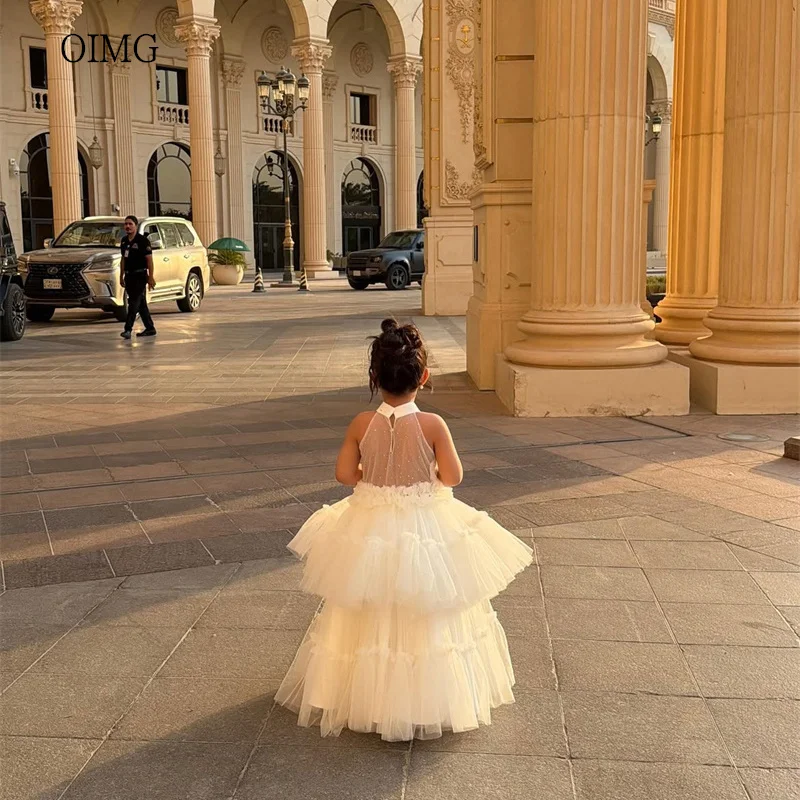 OIMG Halter Ball Flower Girl Dresses Multi-layer Birthday Wedding Gown Sleeveless Party Dress فساتين اطفال 2027 Customized