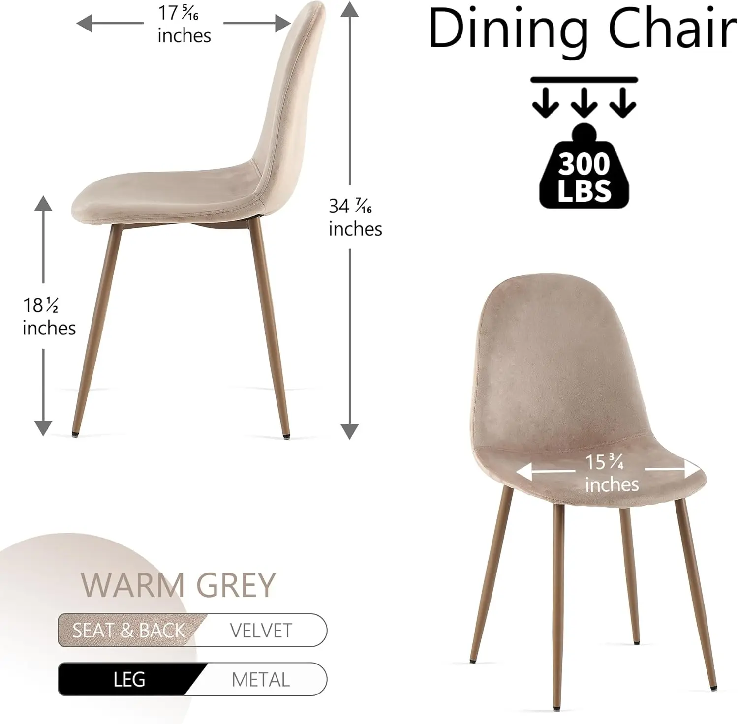 Modern Dining Chairs Set of 4, Khaki Velvet Kitchen Chairs, Upholstered Side Chairs with Khaki Metal Legs