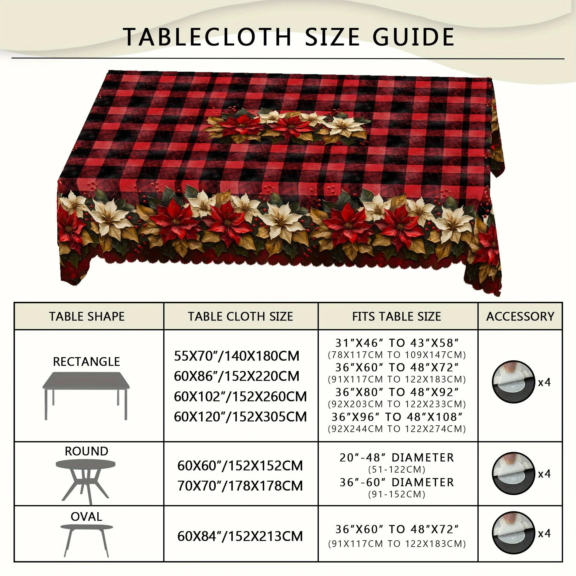 Merry Christmas Tablecloth - Vintage Red Buffalo Checkered with Poinsettia Berry Design for Indoor and Outdoor Holiday Parties
