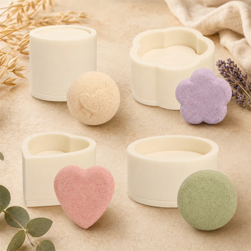 4 Shapes Bath Mold 3D Heart Flower Round Disc Sphere Shampoo Press Bar Mold DIY Round Ball Shampoo Soap Mold Soap Making
