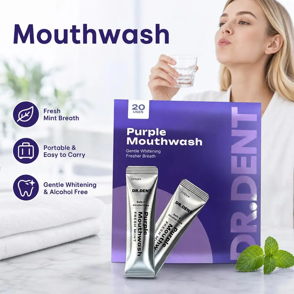 Purple Mouthwash Sticks Teeth Whitening Color Corrector Portable Mint Oral Rinse for Fresh Breath Oral Care 12/20 Sticks