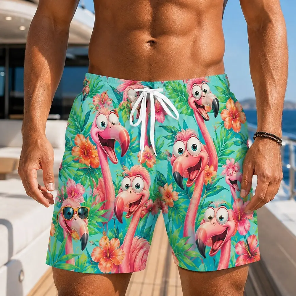 

Men's Flamingo Coconut Print Drawstring Waist Shorts, Elegant Hawaiian Style For Spring Summer Beach Vacation Daily Casual Wear