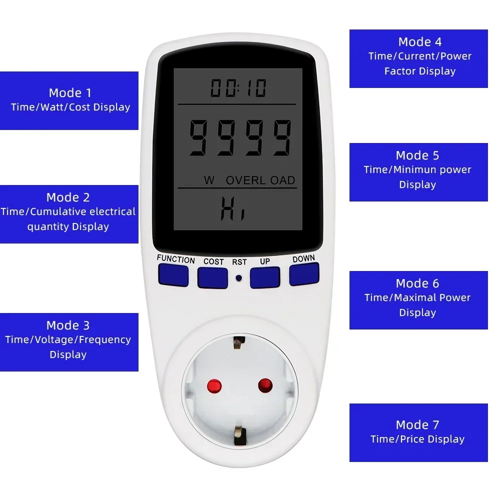 Compteur de puissance LCD numérique, prise de wattmètre, puissance souveraine, prise de mesure de l'énergie h, prise UE, protection contre les surcharges, 7 modèles d'affichage, 220V