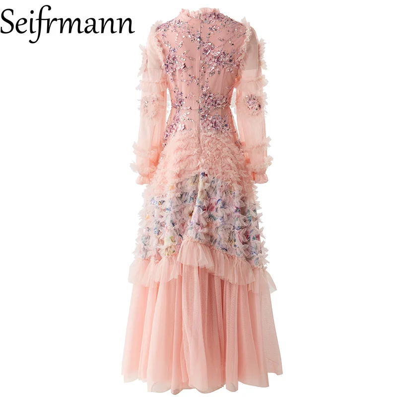 Seifrmann 2026 lente dames nieuwe modieuze ronde hals lange mouw pailletten splicing mesh taille cinching jurk