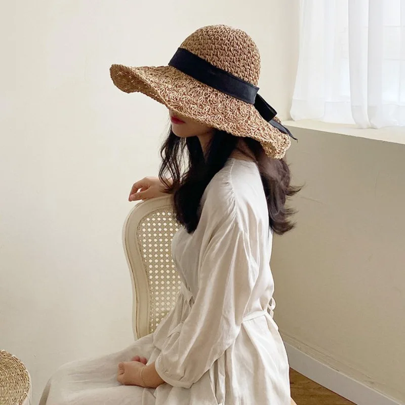 Wide Straw Summer Hat Womensummer Panama Hat Big Brim Beach Hat Foldable Vacation Summer Hat Sunscreen Sunshade Hat