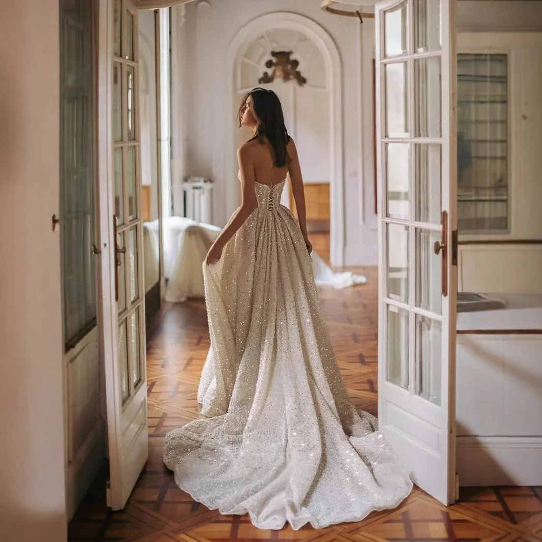 

Formal Wear European and American Tube Top Summer New Light Luxury Trailing Wedding Dress Sequined Bridal Gauze Evening