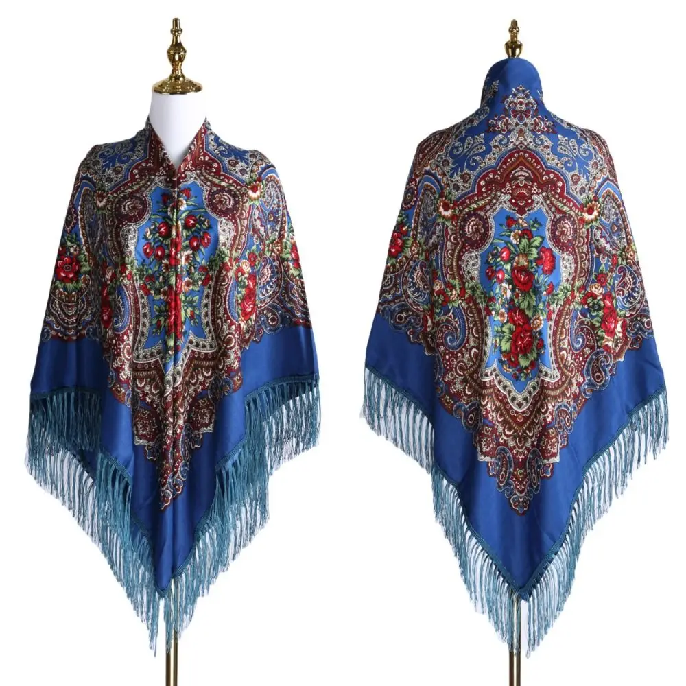 Traditional 160x160cm Square Scarf Floral Print Cotton Head Wrap Tassel Extra Large Fringed Scarf For Women