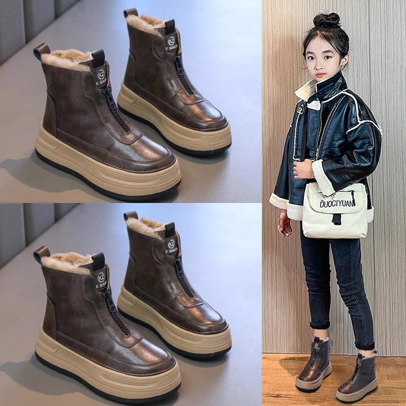 أطفال أحذية بوت قصيرة وسيم مريح الفراء الأطفال أحذية الموضة لينة أسفل 2026 العلامة التجارية الجديدة بنين بنات حذاء من الجلد الجبهة سستة #5
