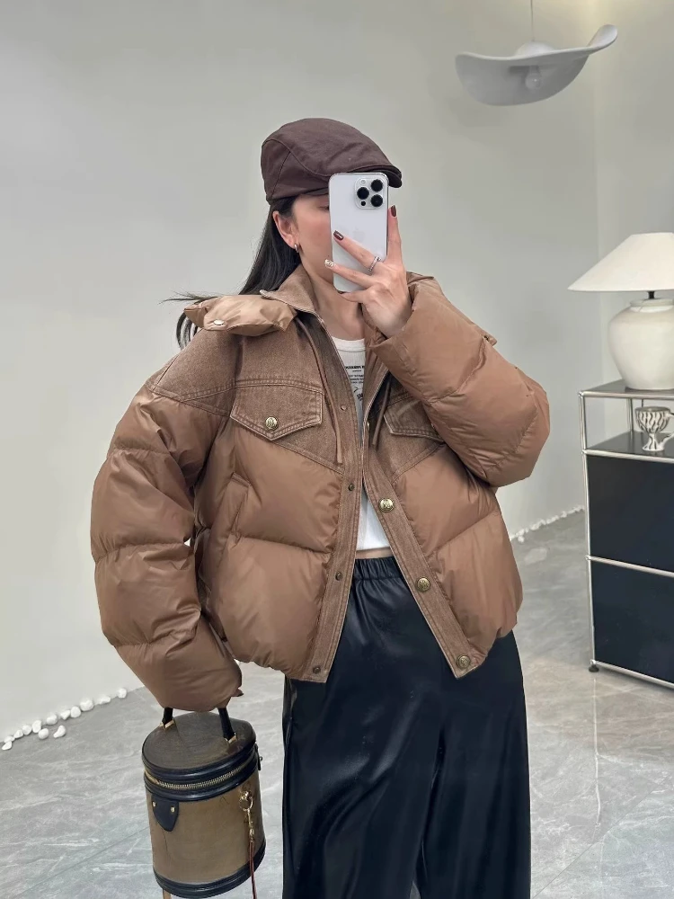 

Cowboy Splicing Down Jacket Female Winter New Short Hooded Puffer Jacket Fashion Loos Removable Cap 90 White Duck Down Jacket