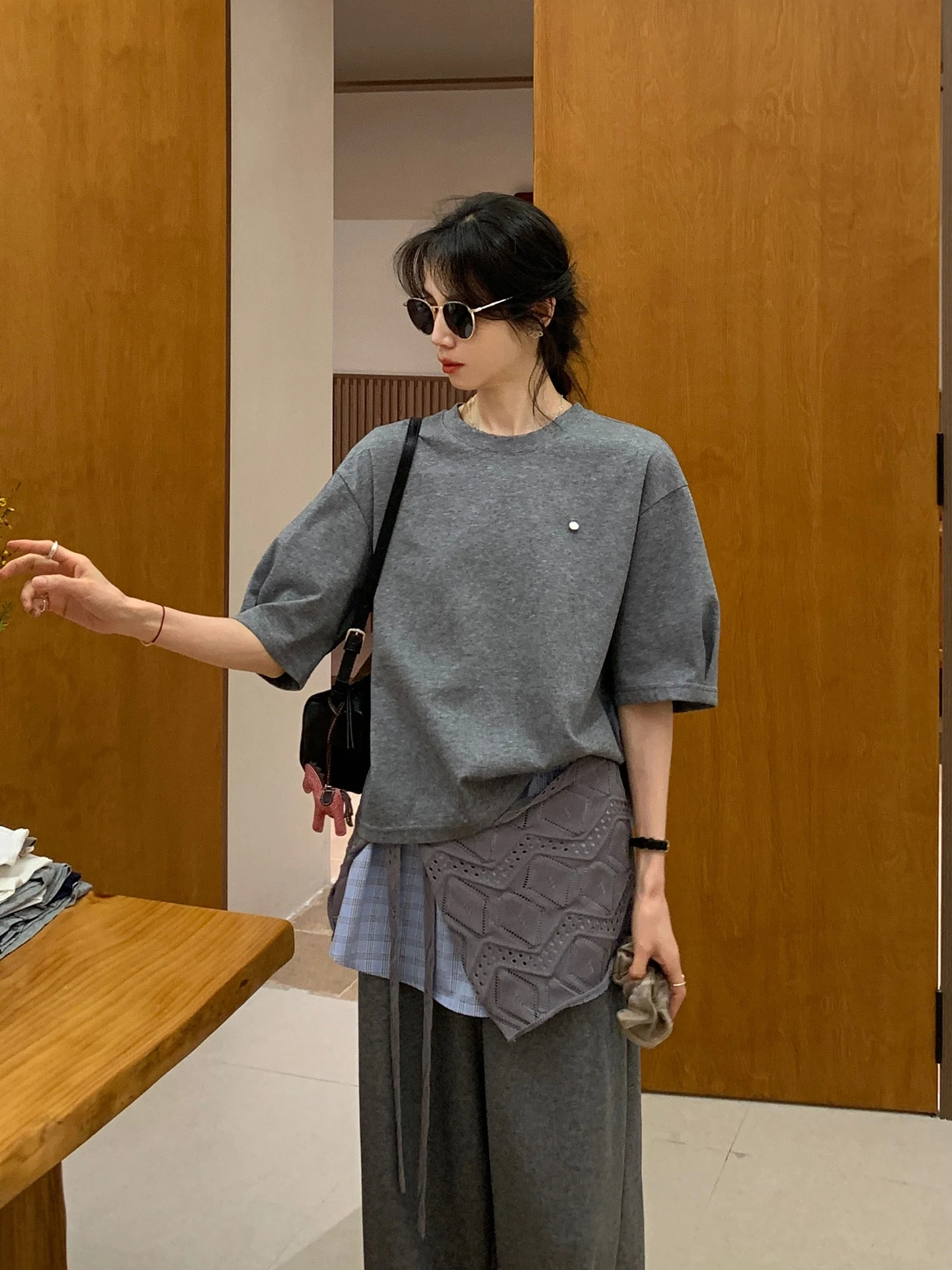 

BRIVIN Grey T-shirt Wide Leg Pants Set Women's Spring Summer New Lazy Style Curtain Matching Slimming Anti-aging Two-piece Set