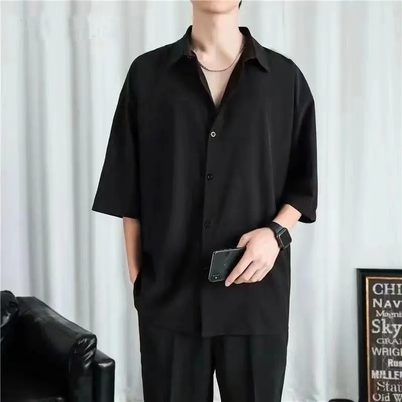 

Summer Ice Silk ort Sve Men's Casual irt Loose Fit All-Season Pure Color Bla Large Size Comfortable Youth Faion