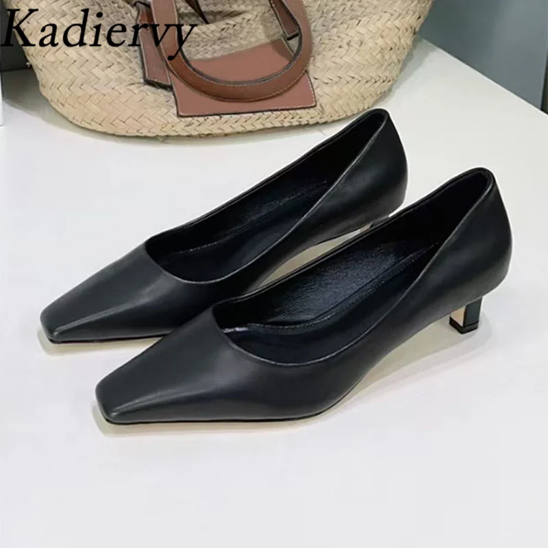 

Classics Kitten Heels Shoes Women Square Toe Slip-on Women Pumps Genuine Leather High Heels Black Shoes Woman Zapatos De Mujer