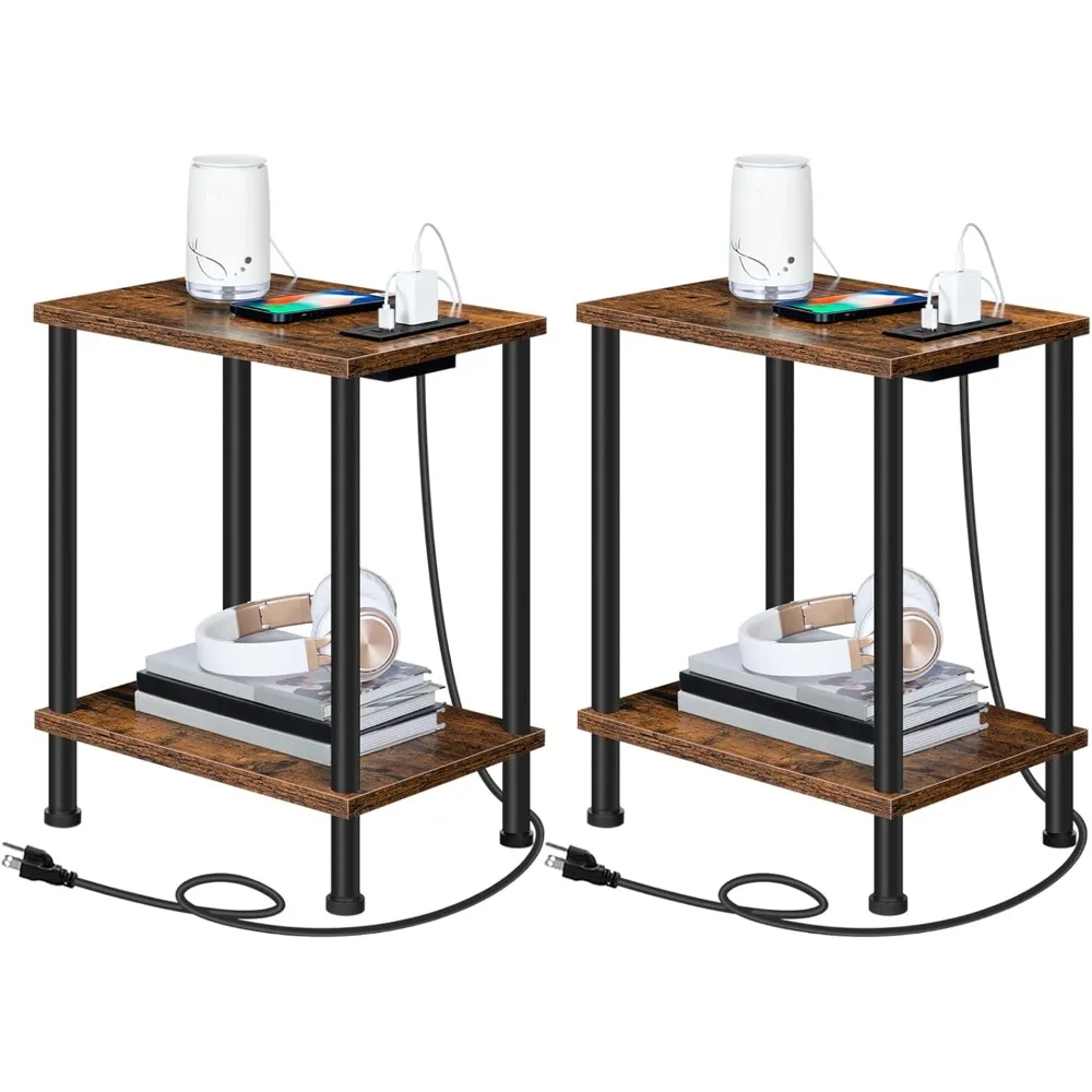 

End Table with Charging Station, Set of 2 with USB Ports and Outlets, Nightstand with 2-Layer Storage Shelves for Small Spaces