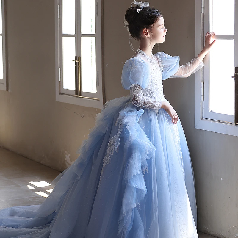 

Luxury Blue Flower Girls Dress Beaded Long Sleeve Tulle Formal for Kids Princess Wedding Birthday Party Evening Ball Gowns