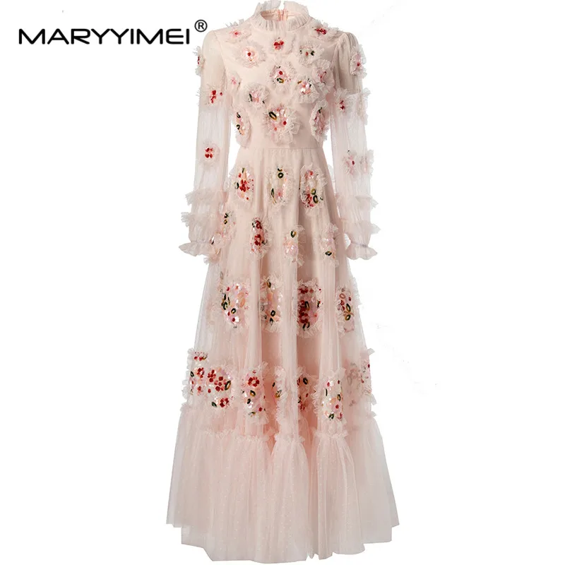 MARYYIMEI Mesh Sequins Flounced Edge Summer Dress Women\'s Lantern Sleeved High End Luxury Evening S-4XL Dresses