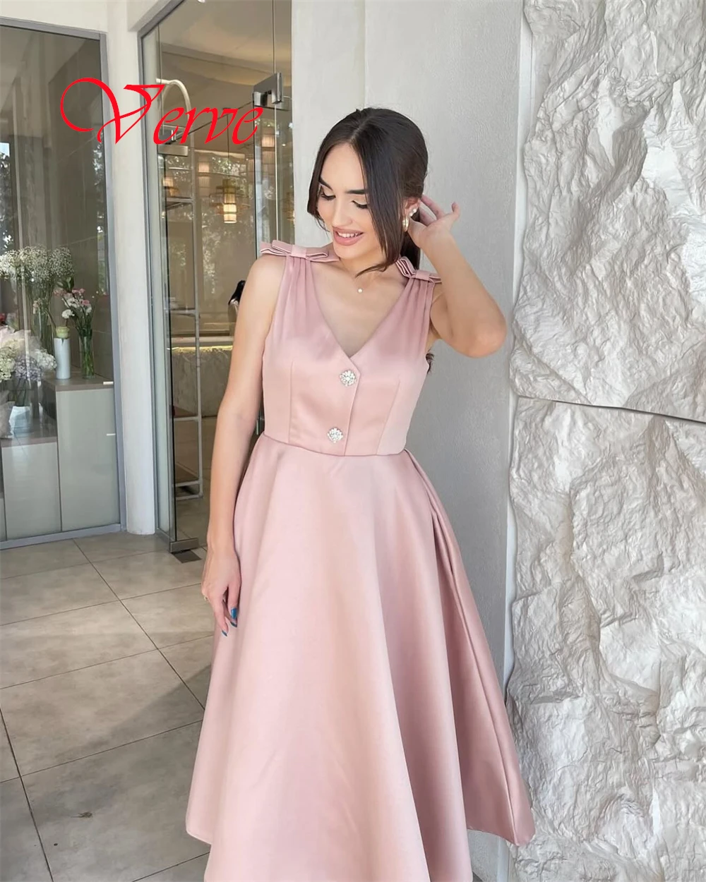 Customized High Quality Pink Jersey Evening Dress Exquisite V-Neck Butterfly Sleeves Sleeveless Crystal Special Occasion Gowns