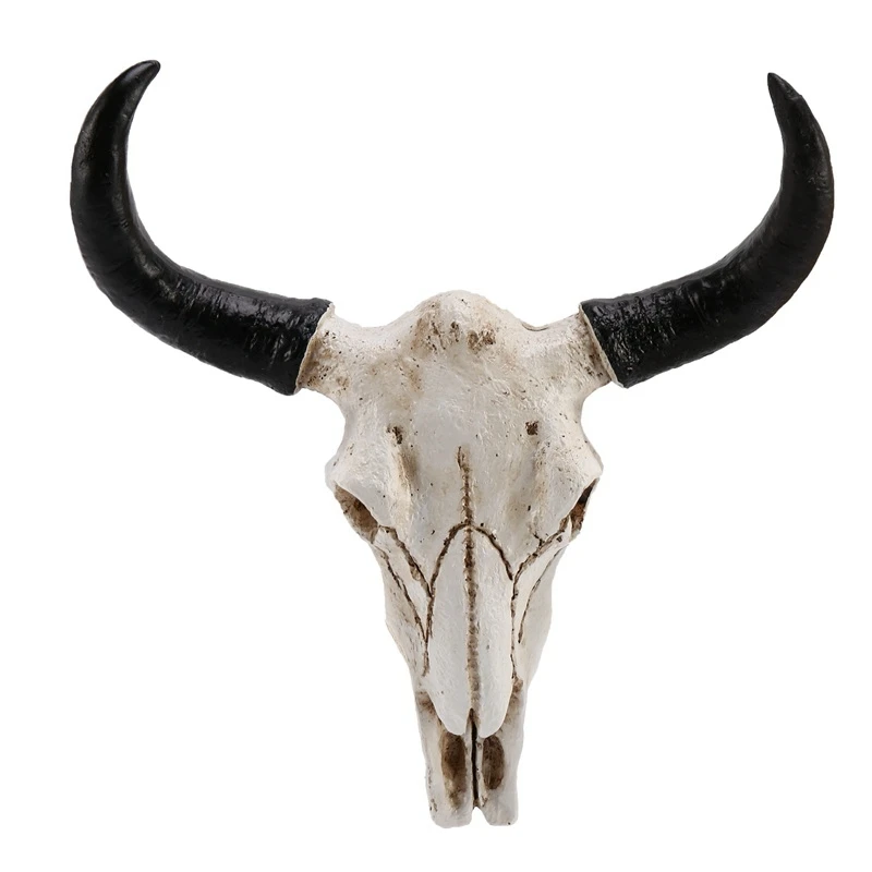 Resina Longhorn cabeza de calavera de vaca para colgar en la pared, escultura de animales en 3D, figuritas artesanales, cuernos para el hogar, decoración de Halloween