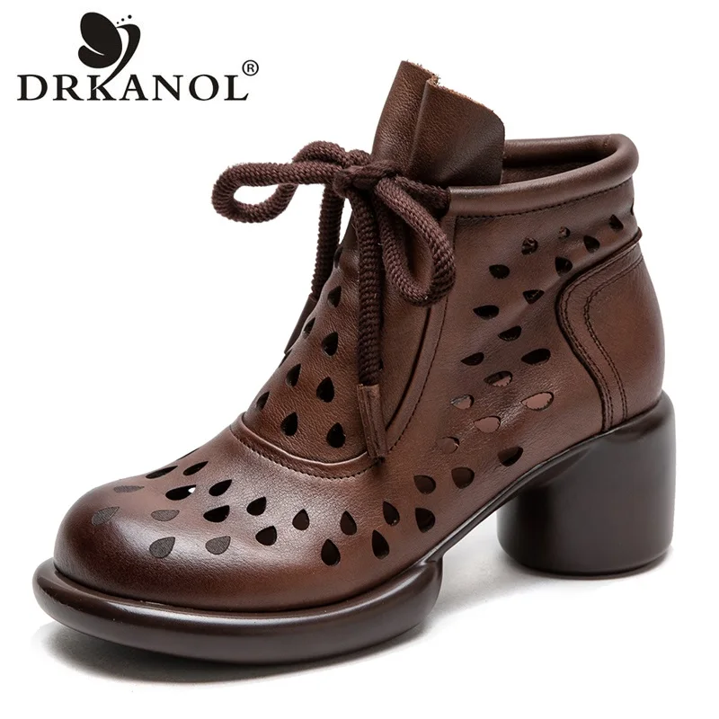 

DRKANOL Fashion Women Thick High Heel Ankle Boots Summer Hollow Breathable Shoes Ladies Genuine Leather zipper Cool Short Boots