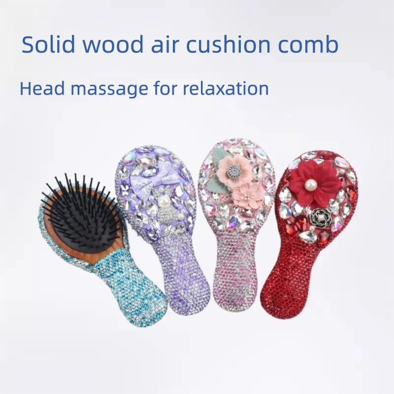 Diamond-encrusted Air Cushion Hair Massage Mini Comb For Women's Home Use, Solid Wood Air Bag Comb
