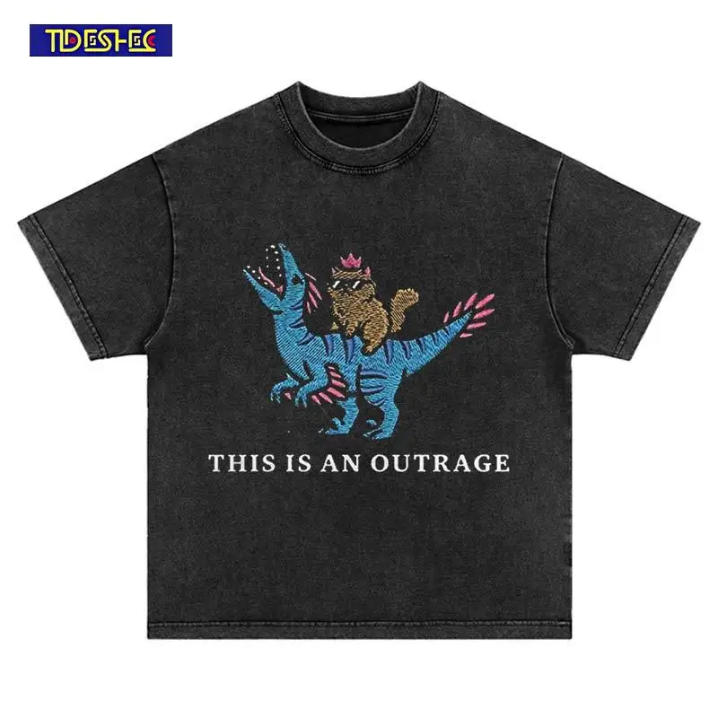 Summer Hip Hop Streetwear Cartoon Dinosaur Print T-Shirt Harajuku Vintage Cotton Short Sleeve Loose Leisure Washed Oversized Top
