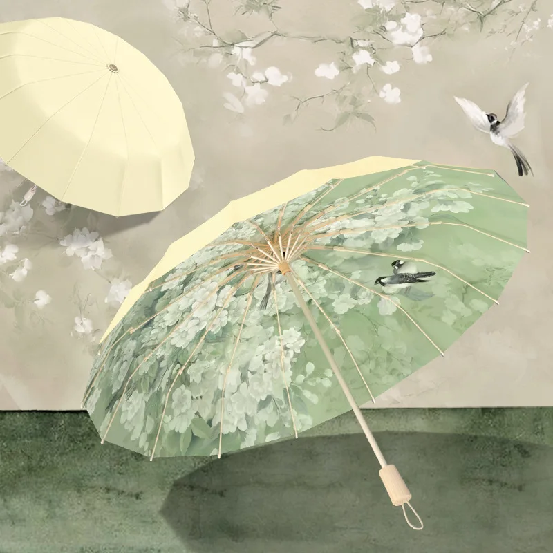 

16-Rib Chinese Style Sun Umbrella for Women - Stylish Color-Coated UV Protection Parasol, UPF50+ Foldable Large Rain &Sun Shield