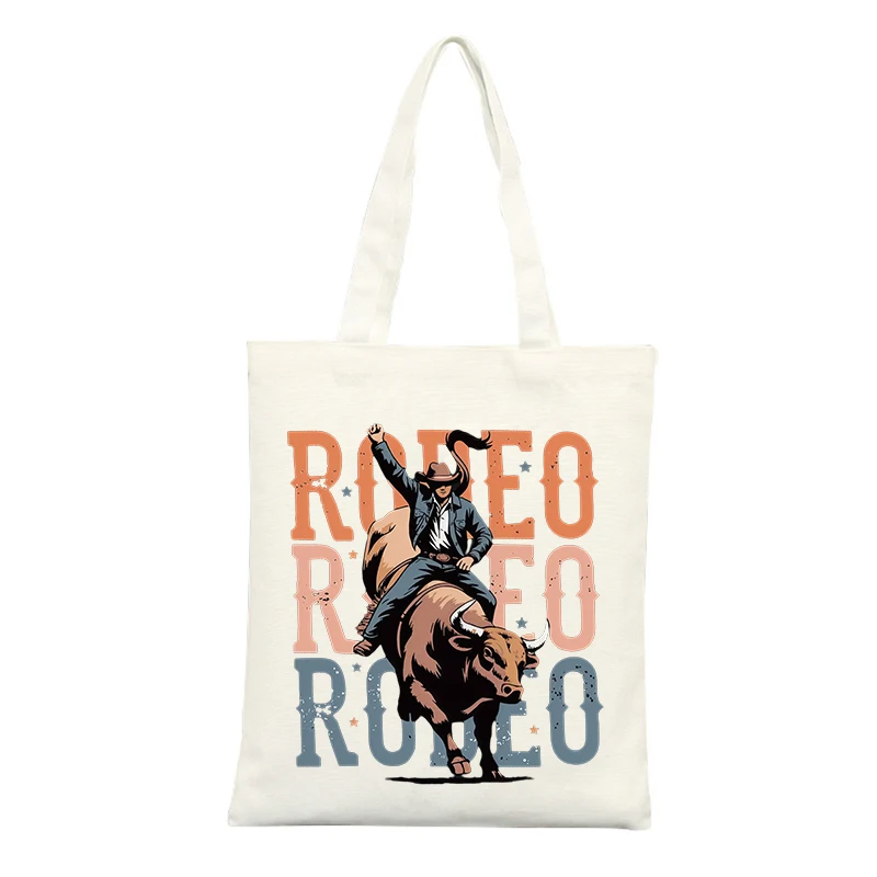 Western Bull Rider Graphic Canvas Tote Bag, Vintage Style for Casual Outings and Shopping
