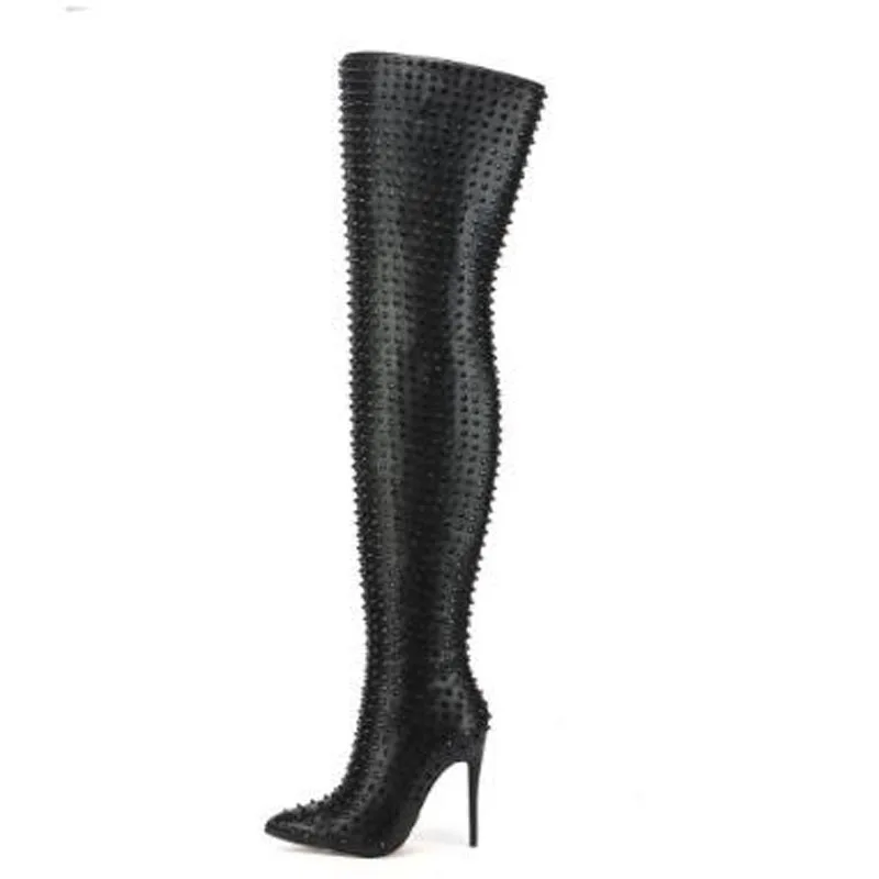 كامل الشظية الأسود المسامير ديكور أشار تو سستة الجانب رقيقة الكعوب فوق الركبة أحذية النساء فاسق سليم الفخذ أحذية طويلة الأحذية