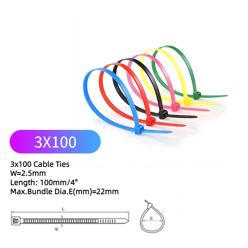 Uniteelec 100pcs/Lot 3x100mm Small Red,Yellow,Blue,Green, Pink,Orange,Fluorescent Grey,White,Black Cable Ties Tie Sales