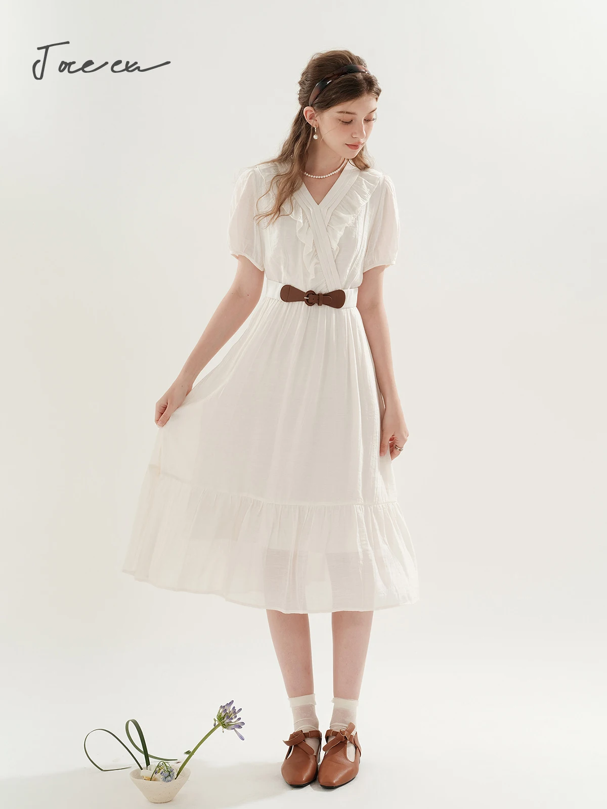 JOREEU Summer Short Sleeve Dress for Women 2024 New Off-white French Style Elegant V-neck Midi Dresses Woman Clothing TM00116