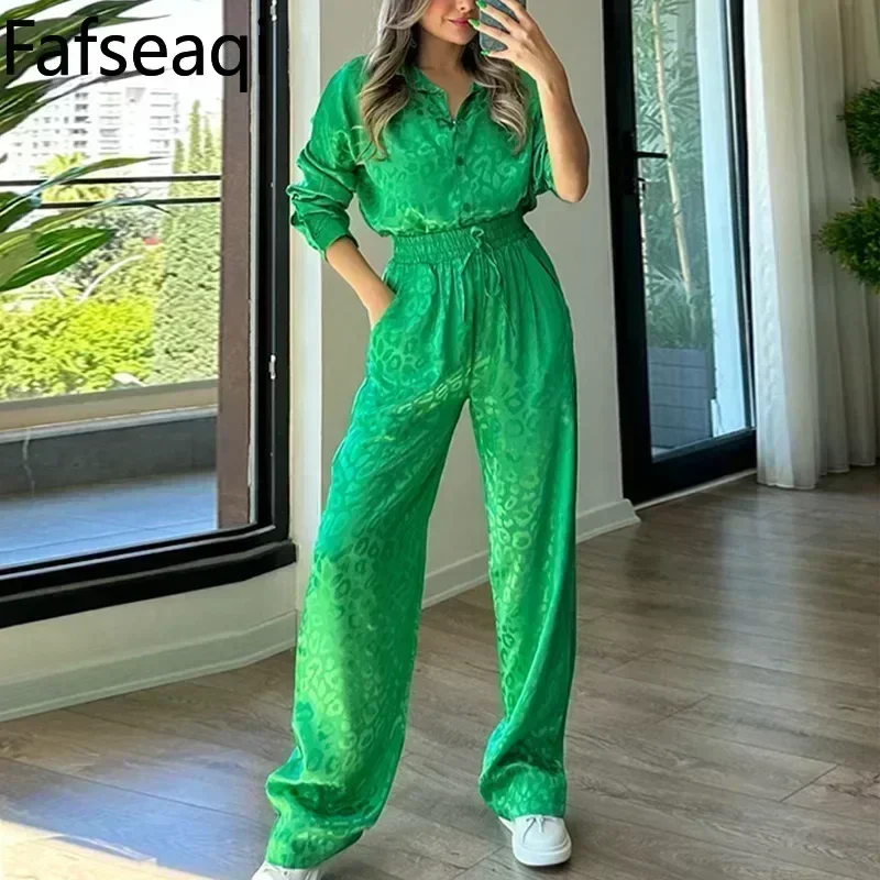 Green Satin Suits for Women 2024 Spring Leopard Print Buttons Shirts Elegant Two-piece Set Office Women\'s Shiny Trouser Suit