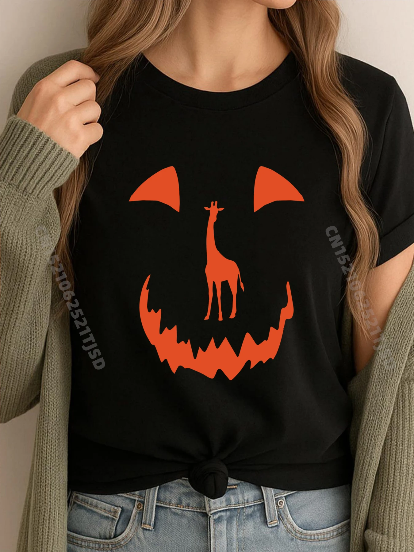 

Брендовая футболка с тыквой и жирафом на Хэллоуин, мужские потертые топы, семейная футболка