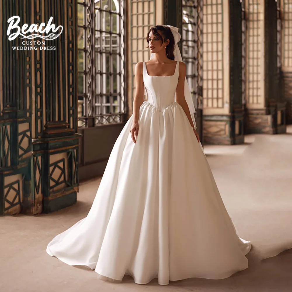 

Пляжное свадебное платье без рукавов с квадратным вырезом на бретельках 2021, простое атласное платье с открытой спиной, Vestido De Novia по индивидуальному заказу