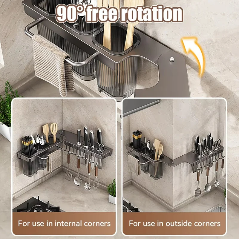 Suporte de faca multifuncional montado na parede - Prateleira dobrável para cozinha, inclui tubo de pauzinhos e armazenamento de cortador