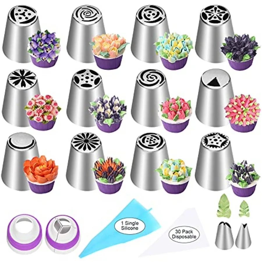 

Russian Piping Tips, 12 Flower Frosting Nozzles Icing Tips for Cake Decorating Tips Kit, Baking Supplies for Cookie Cupcake, 2