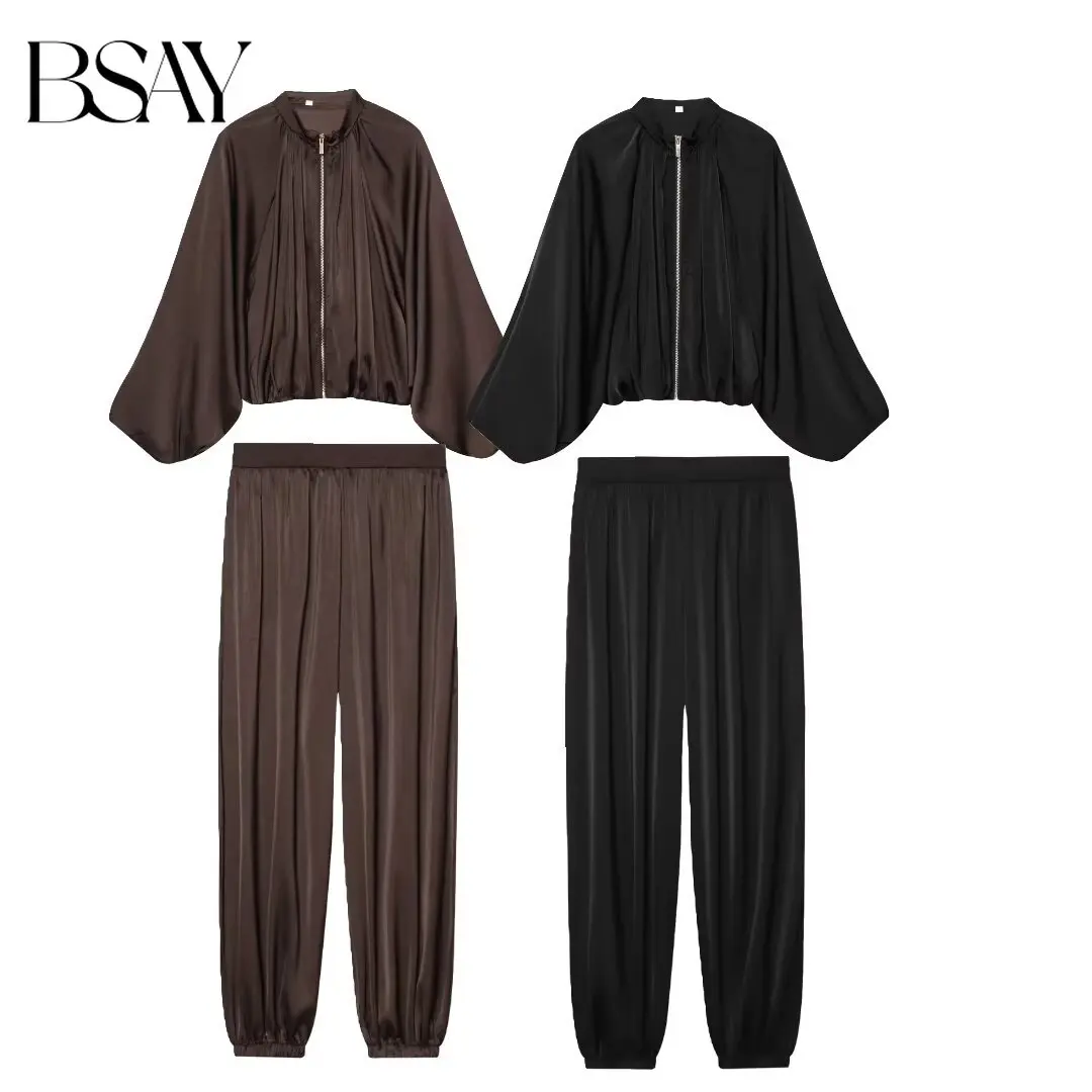 BSAY Chic Shiny Satin Women Two Piece Outfit Cropped Zip Jacket Batwing Sleeve Elastic Waist Jogger Pants Loose Casual Tracksuit