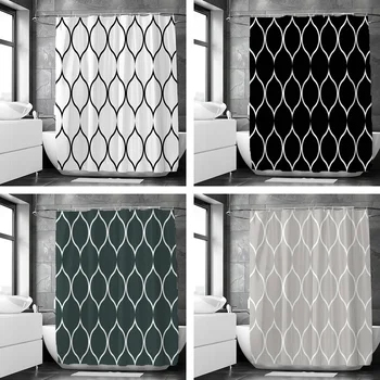 Black and White Geometric Shower Curtain with Hooks – 180 x 180cm Waterproof Fabric Bathroom Curtain 1