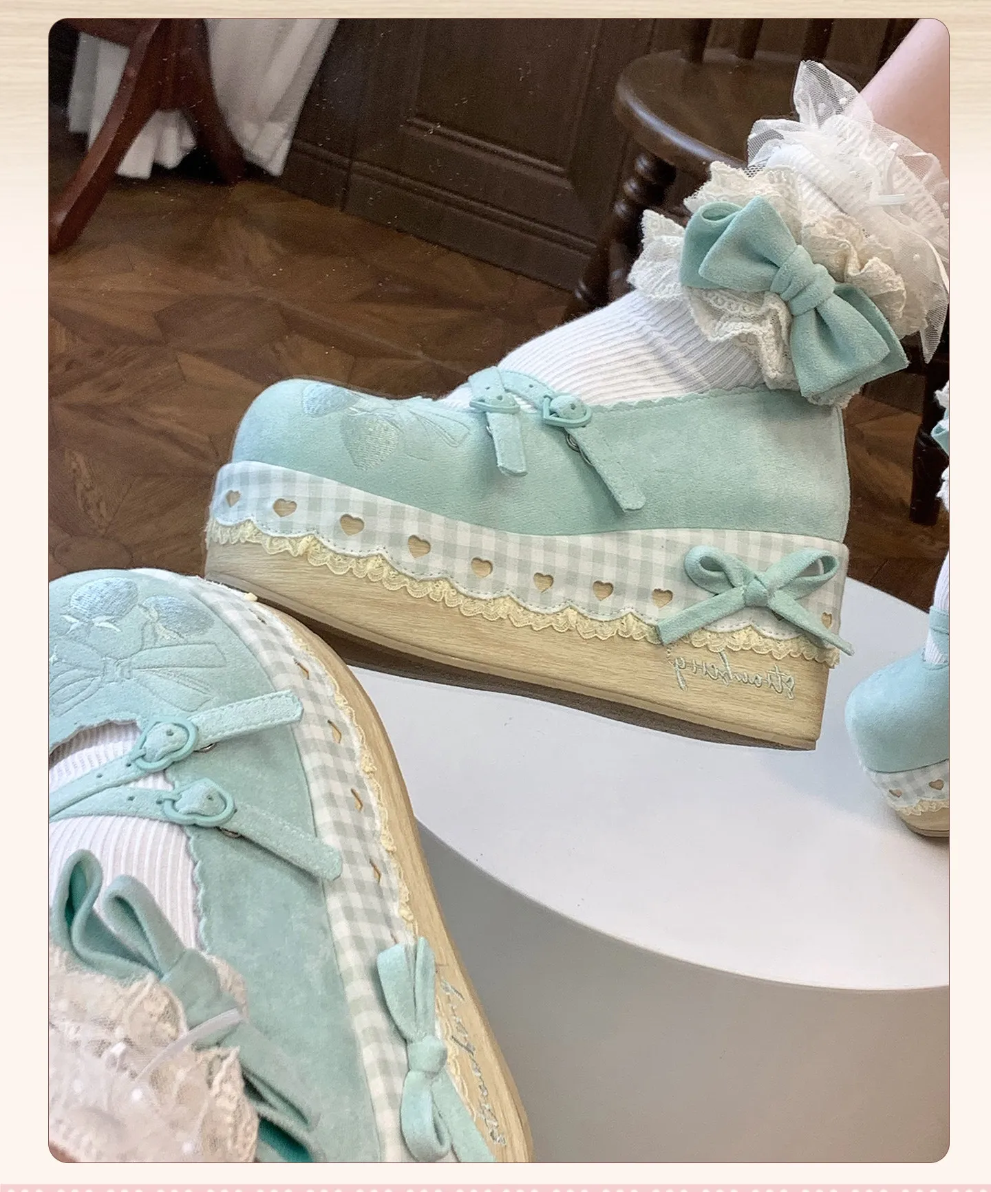 Sweet Lolita Platform Mary Jane Shoes Strawberry Embroidery Plaid Trim Bow Ankle Strap Cute Kawaii Cosplay Shoes for Women Girls