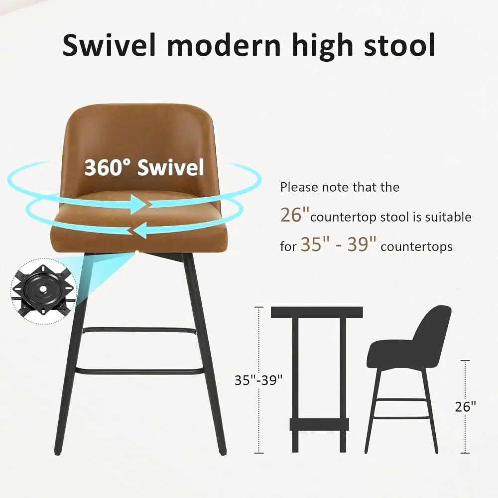 مجموعة من 4 مقاعد بارتفاع عداد 360 درجة ° مقعد دوار من الجلد الصناعي عالي الظهر بطول 26 بوصة لجزيرة المطبخ باللون الأسود والأبيض والبني #4