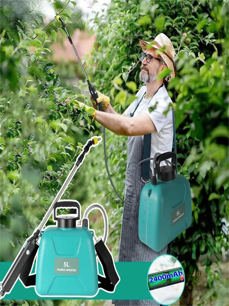 Pulvérisateur électrique 5L 2400mAh, pulvérisation automatique 2 heures avec 360° ° Buse et perche de 60 cm, rechargeable par USB pour jardin, voiture, maison, lutte antiparasitaire