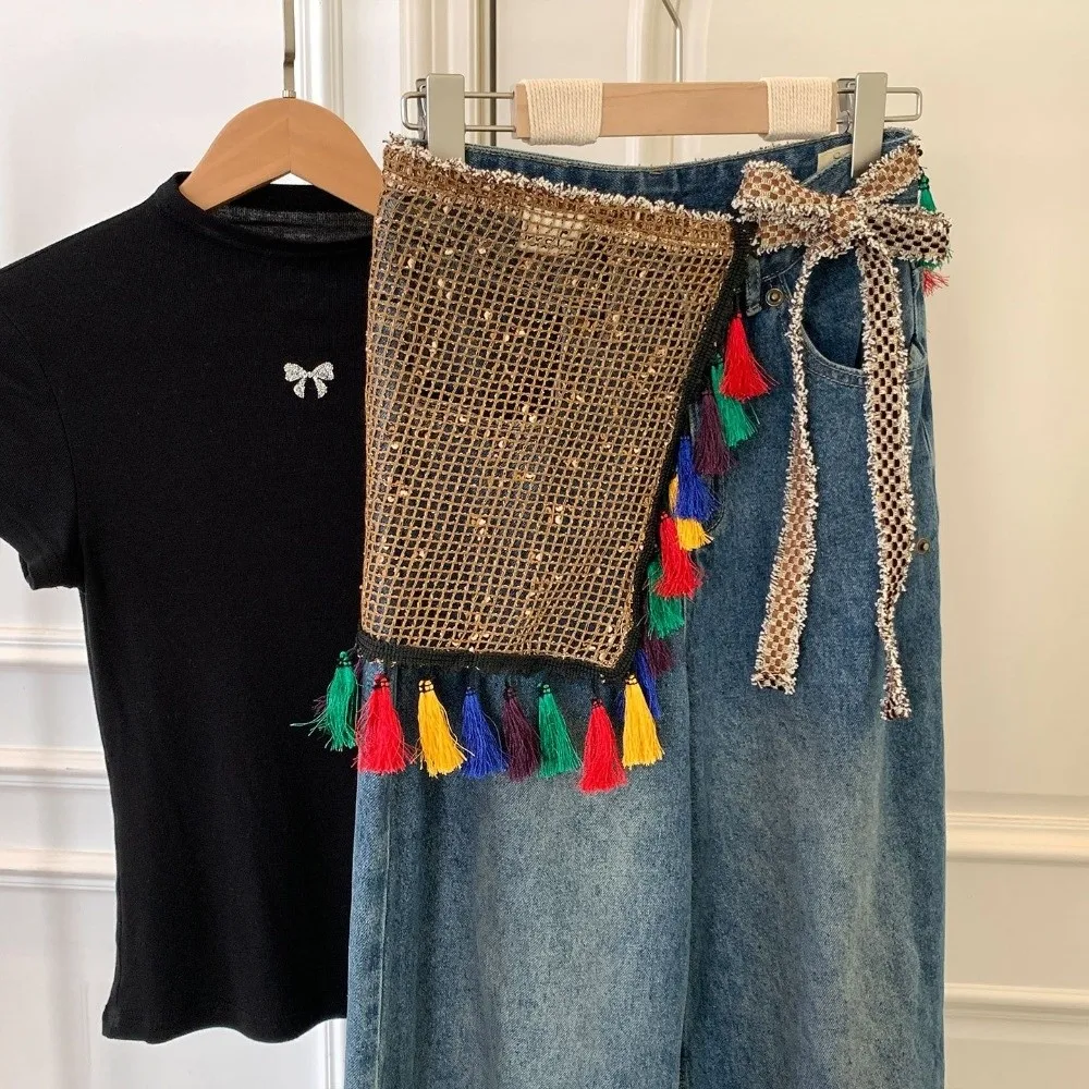 Fashion Mini Skirt Hollow Fringed Hip Panel Ethnic Style Retro Butt Curtain for Women Versatile Decor Hip Curtain Streetwear