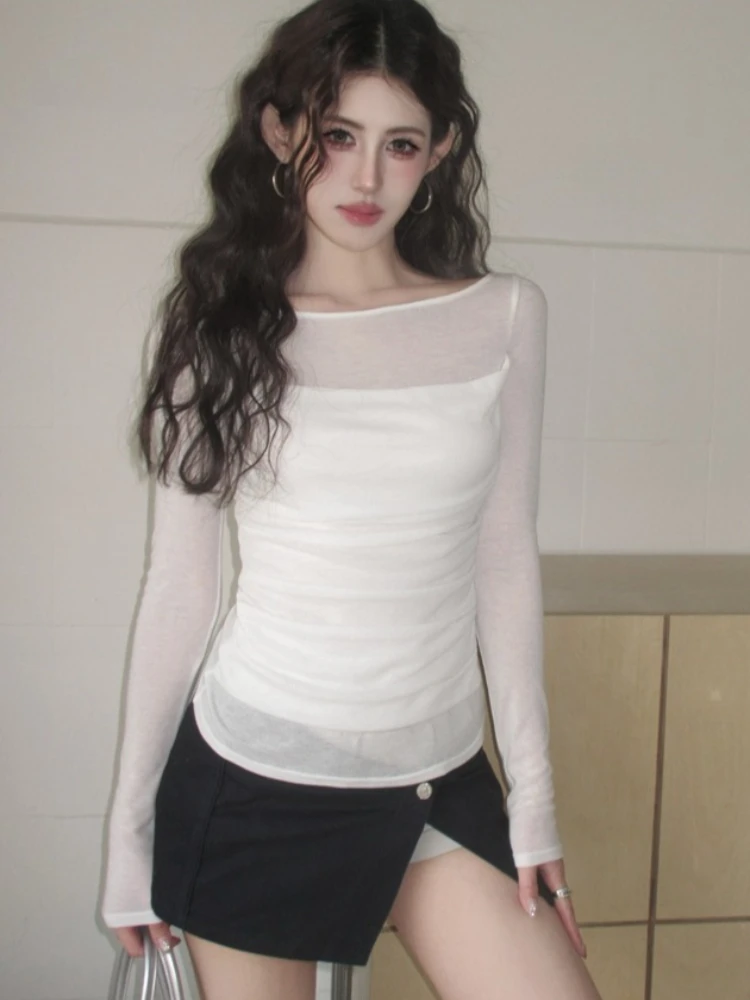 Sexy Sheer Slim Fit Women Fashion Tee 2026 Spring Summer Pure Y2K Patchwork Cowl Neck T-shirt Fake Two-piece Long Sleeve Tops