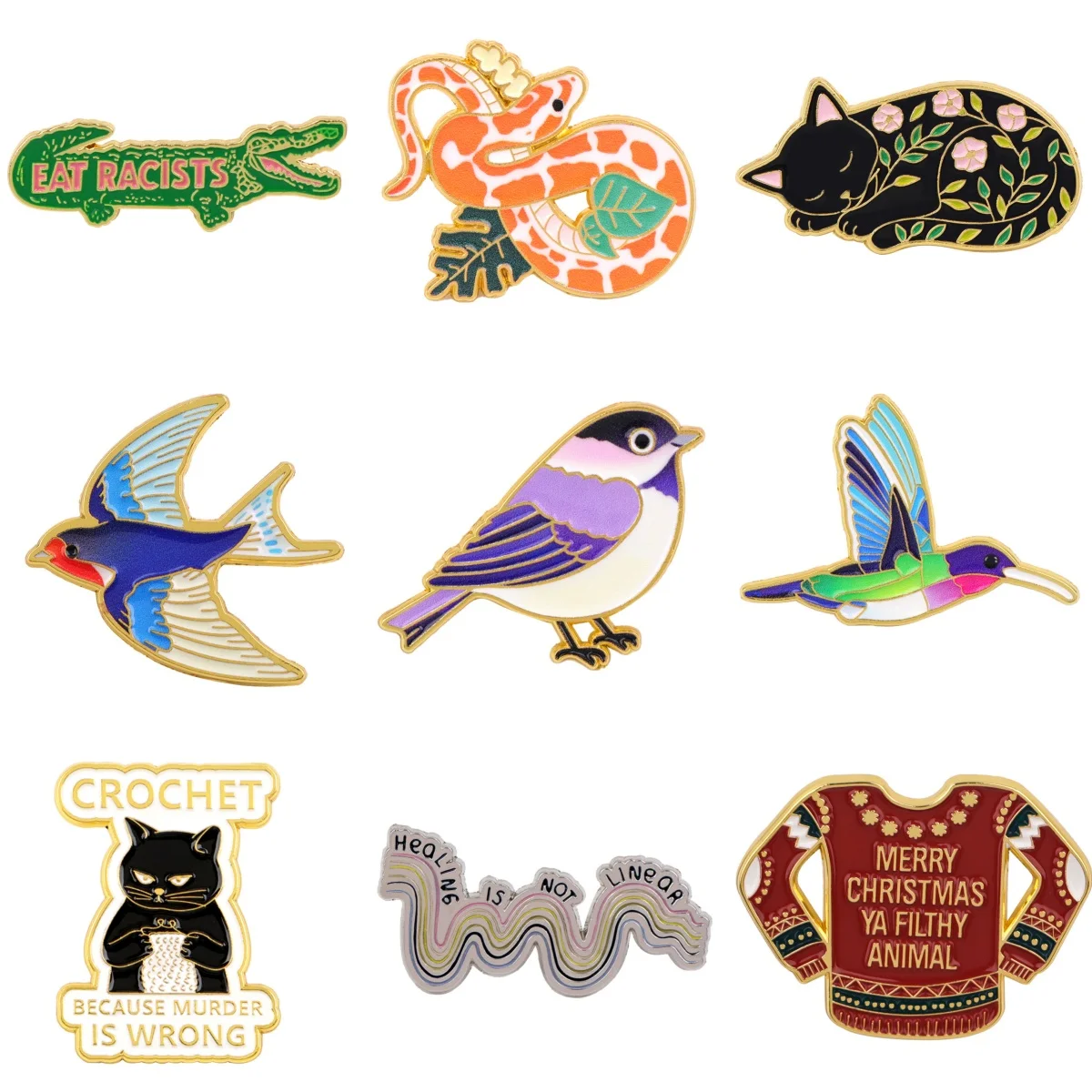 Hummingbird Brooches For Women Black Cat Enamel Pin Metal Badge Jewelry Clothing Backpack Accessories Christmas Gift