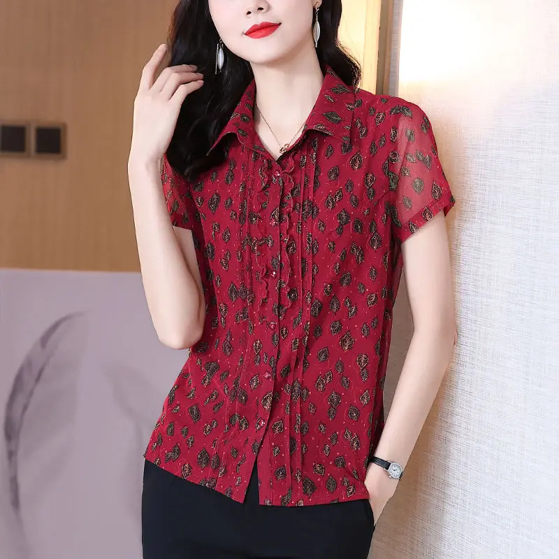 Office Lady Casual Turn-down Collar Shirt Summer New Fashion Short Sleeve Female Clothing Vintage Printed Single-breasted Blouse