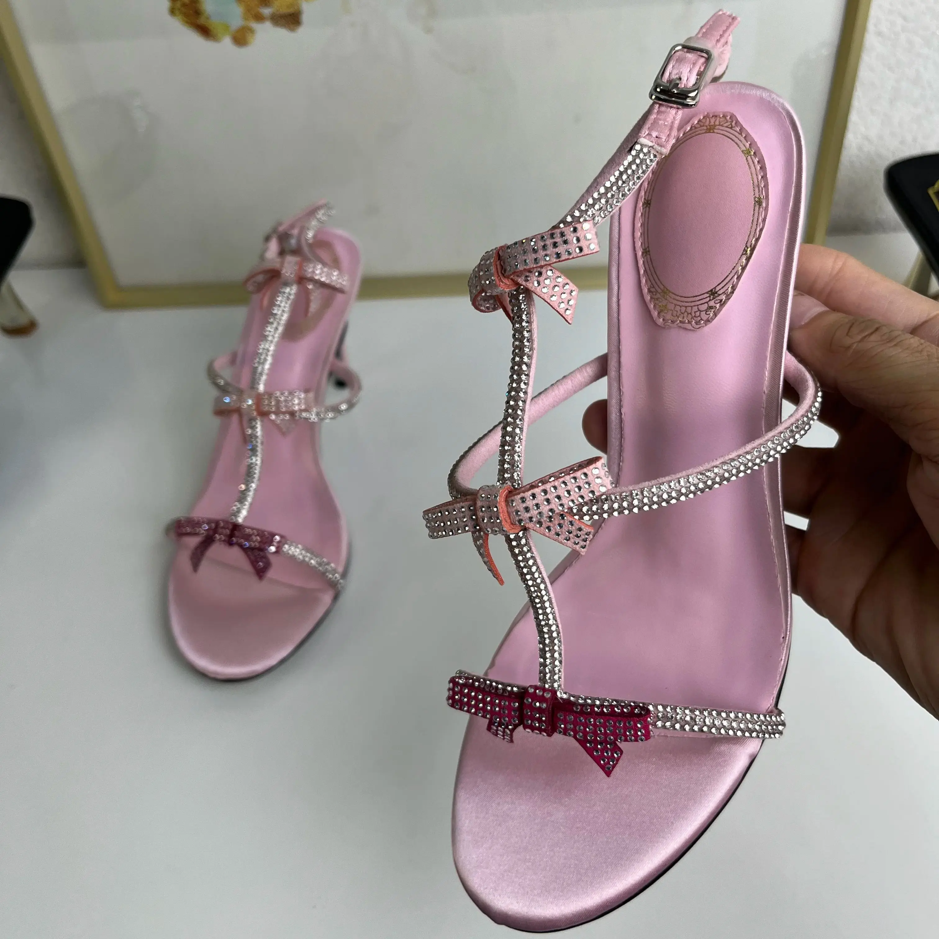 

Diamond Butterfly Knot Women's Sandals Summer 2025 New Fairy Style Slim Heel Round Toe High Heels with Exposed Toe Woman Shoes