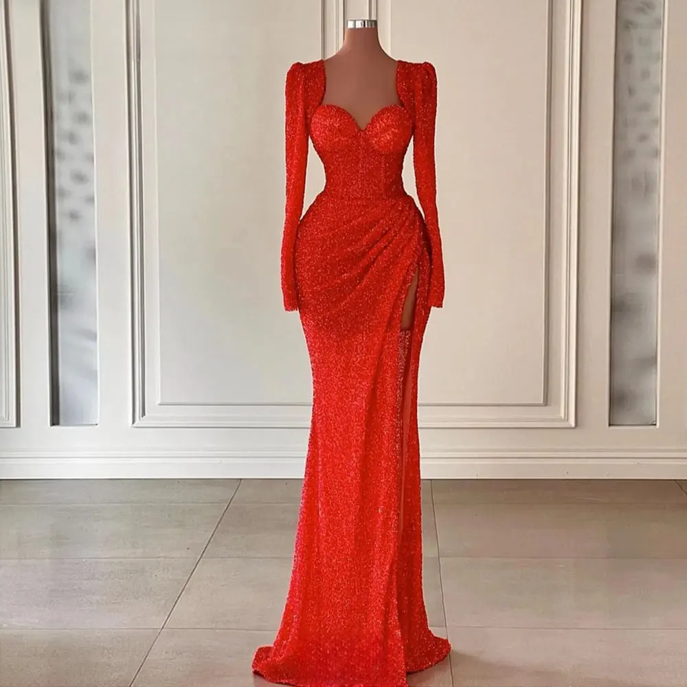 Red Sequin Mermaid Evening Dresses for Women Sexy Sweetheart Shoulder Pad Thighs Slit Pleated Prom Dress Wedding Second Dress